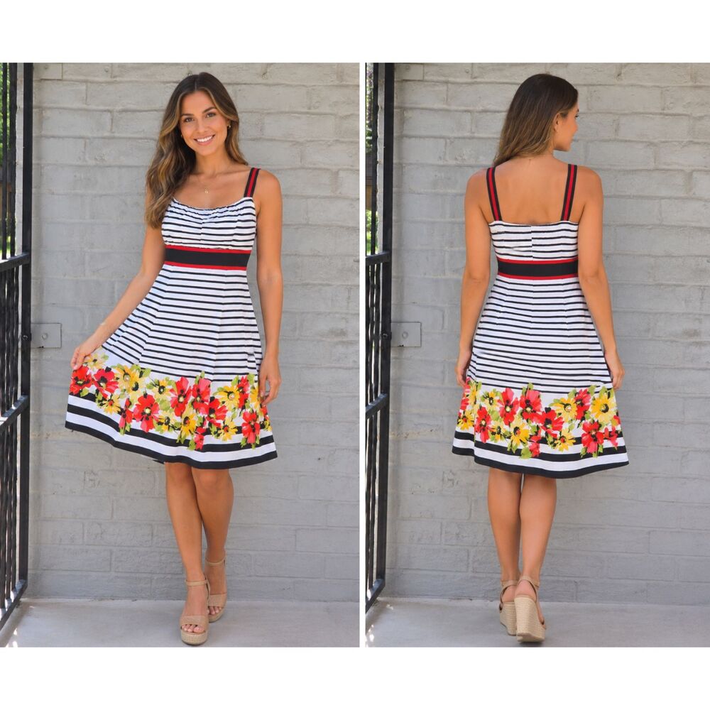R&K Originals Striped Floral Border A-Line Sundress, Size 16
